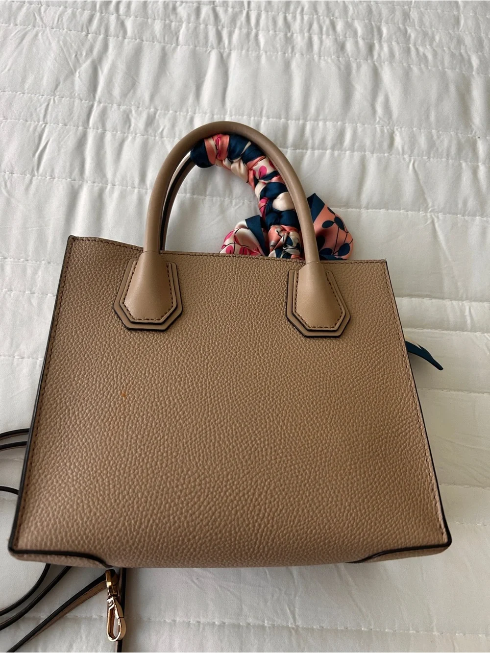 Michael Kors Beige Pebbled Leather Satchel with Gold MK Charm